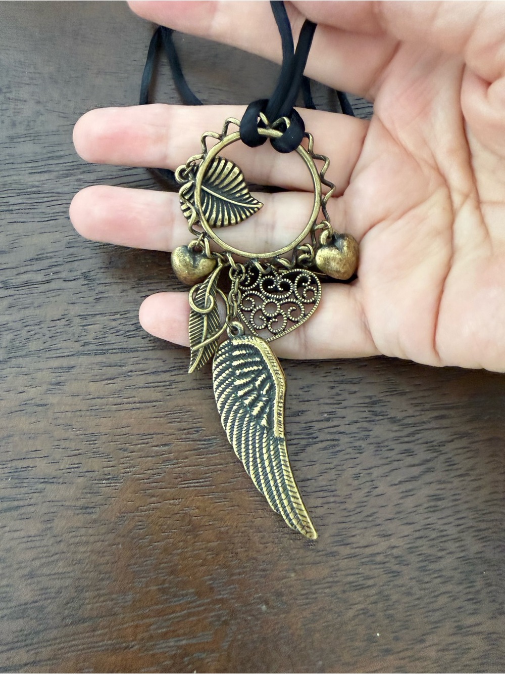 Antique Brass Tone Wing & Heart Charm Pendant Necklace Black Silk Cord
